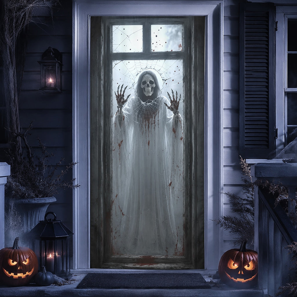 House Door Wrap Banner Halloween Door Cover Skeleton Ghost Window Spider