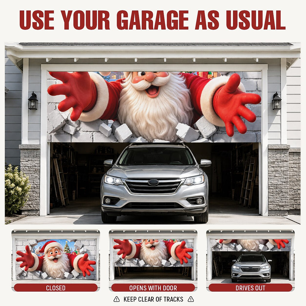 Christmas Garage Cover 3D Santa Breaking Through