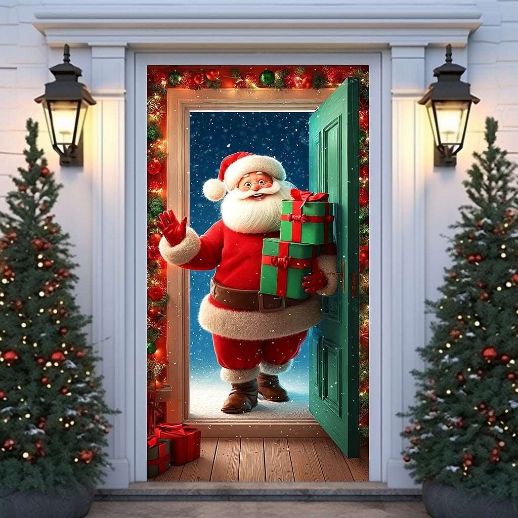 Santa Claus Gifts Wreath & Open Door Christmas Door Cover