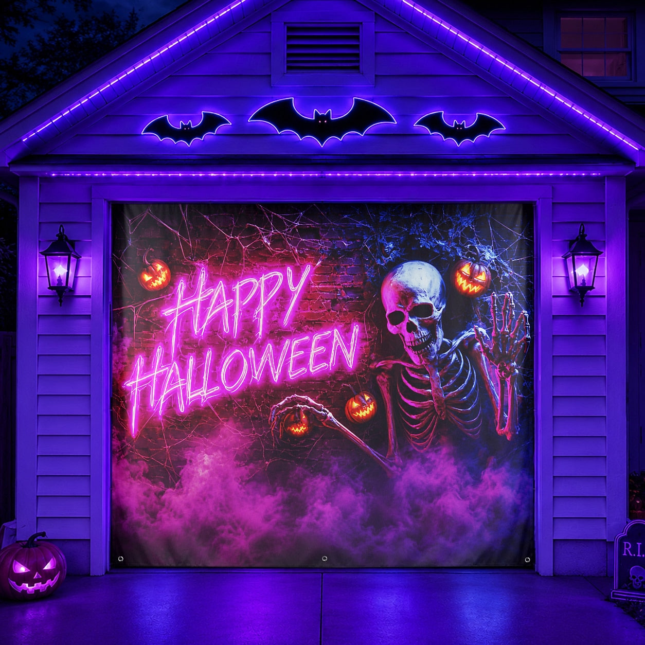 Skeleton Pumpkin & Blacklight Spooky Neon | Halloween Garage Door Banner Cover