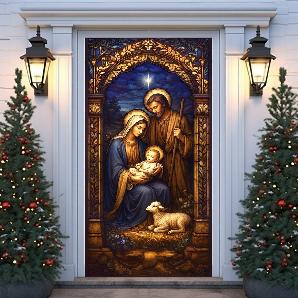 Stained Glass Holy Family Nativity Scene Christmas Door Cover