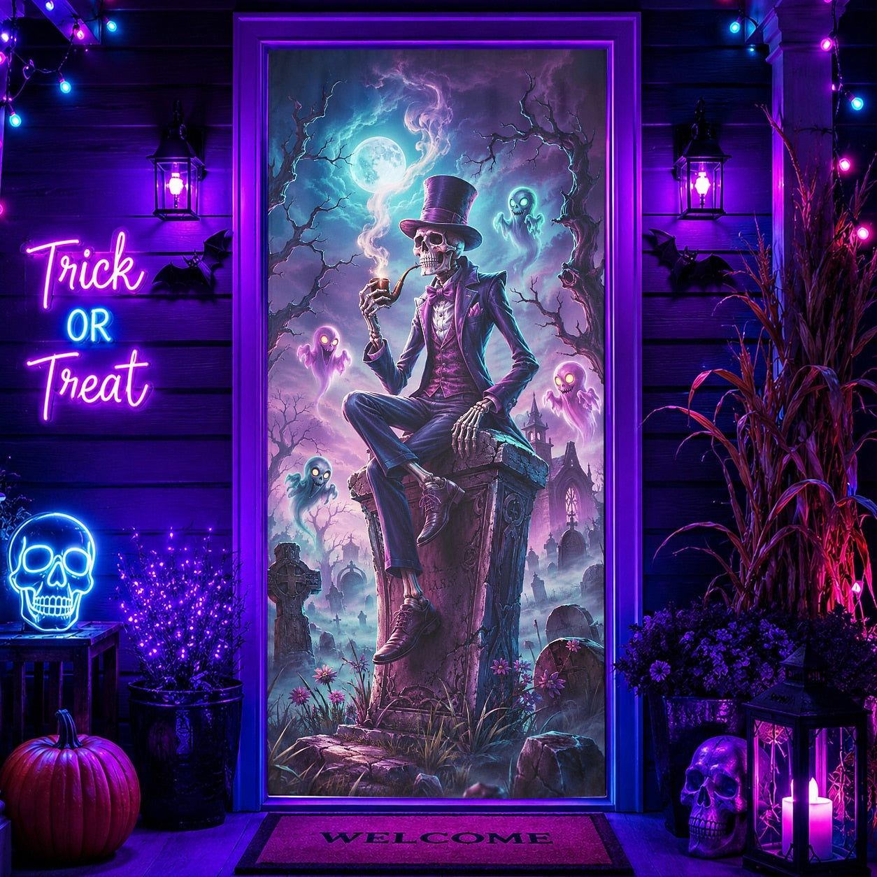 Top Hat Skeleton Ghost Graveyard Neon Banner Halloween Door