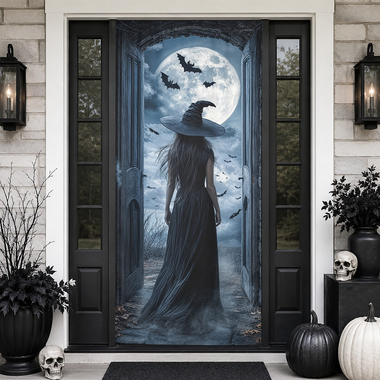 Illusion Door Banner Halloween Door Cover Witch Black Cat Full Moon