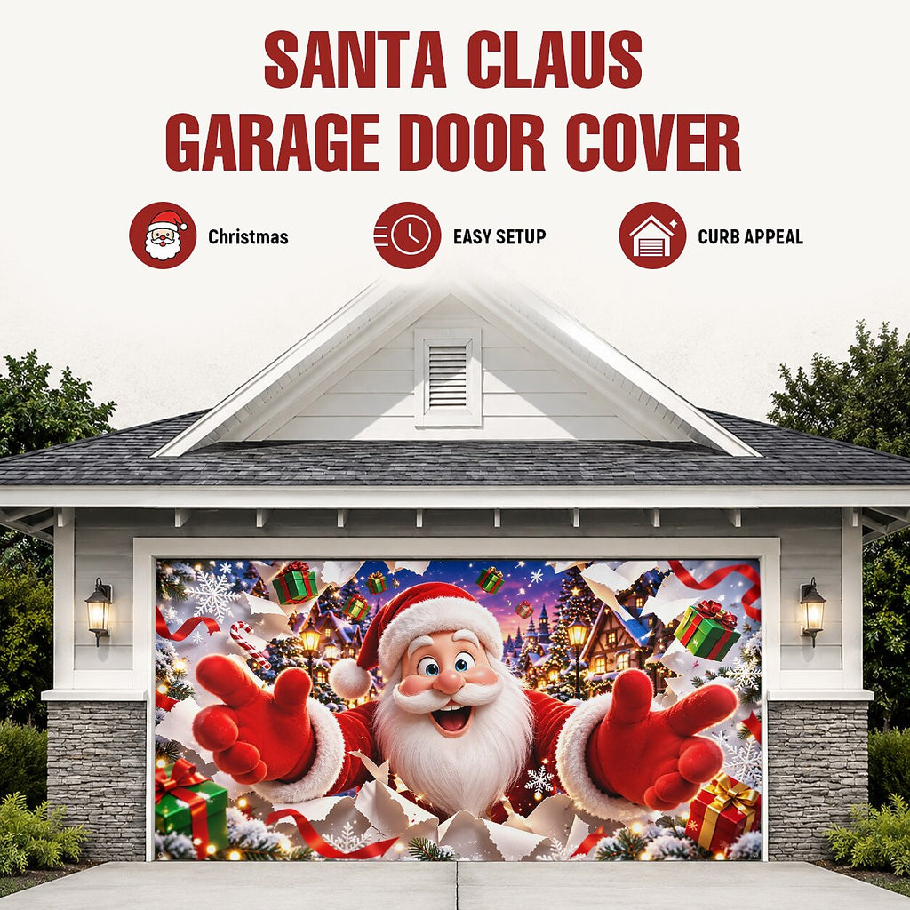 3D Christmas Garage Door Cover - Santa Breaking Wall
