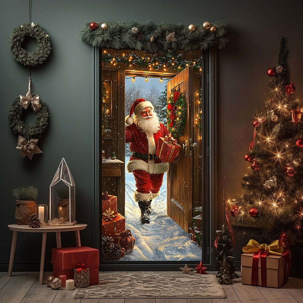 Santa Delivering Gift Christmas Door Cover