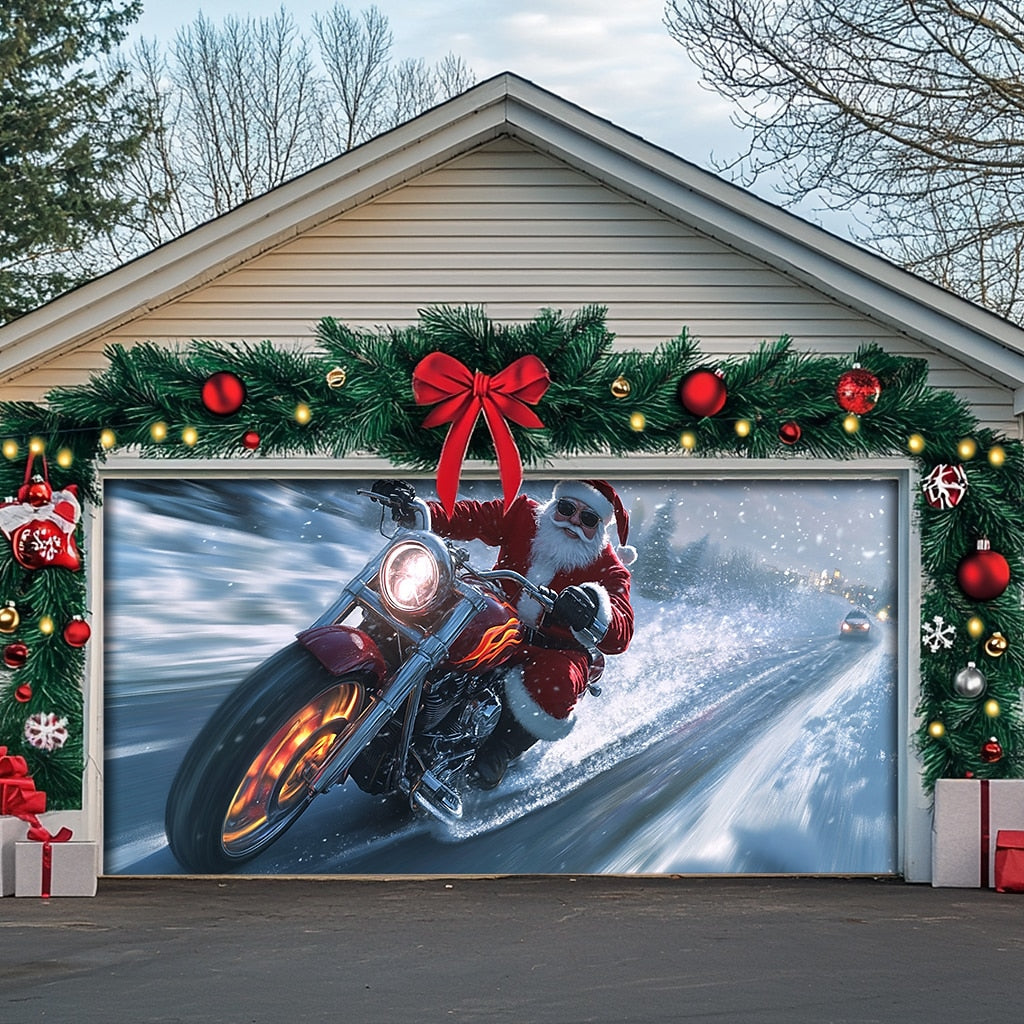 Motorcycle Santa Garage Door Cover