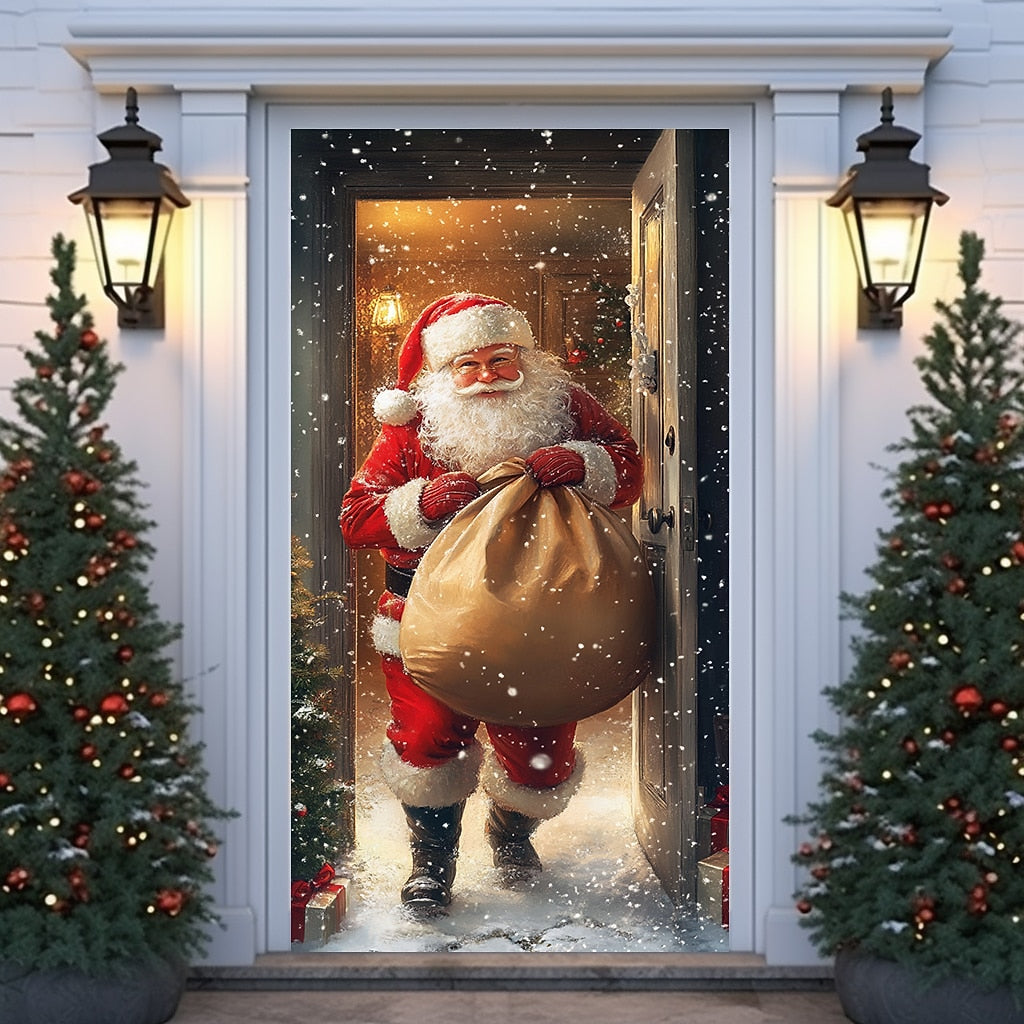 Santa Breaking Through Wall Christmas Door Cover