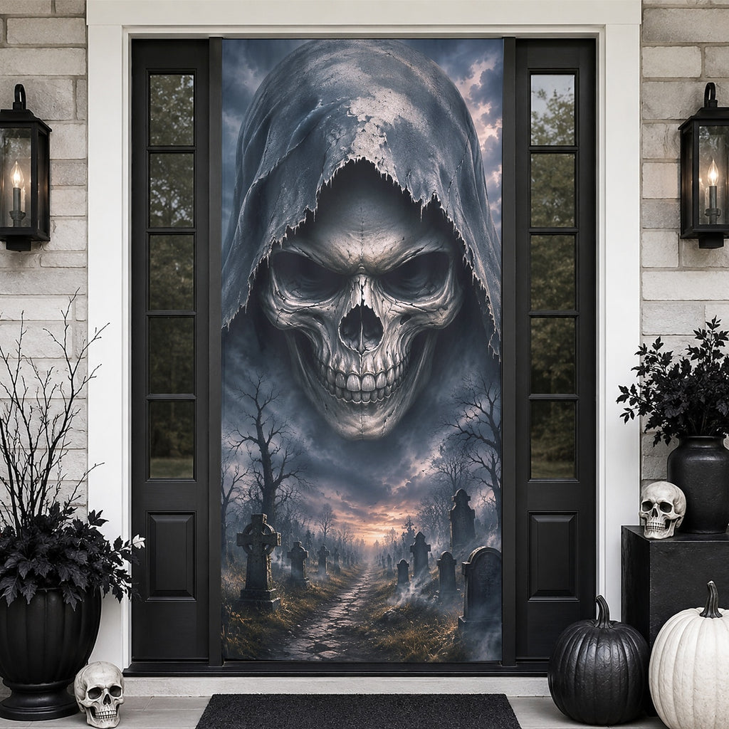 Grim Reaper Skull Haunted Graveyard Door Banner Halloween Door Cover