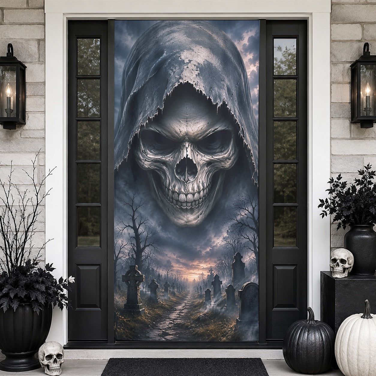 Grim Reaper Skull Haunted Graveyard Door Banner Halloween Door Cover