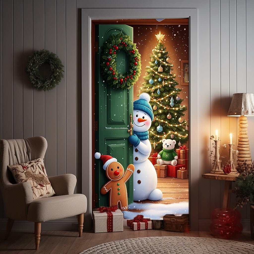 Snowman Opening Door & Christmas Tree Christmas Door Cover