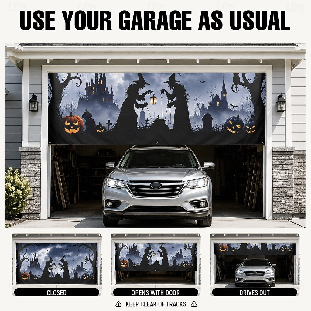 Witch Haunted Room Halloween Garage Door Cover