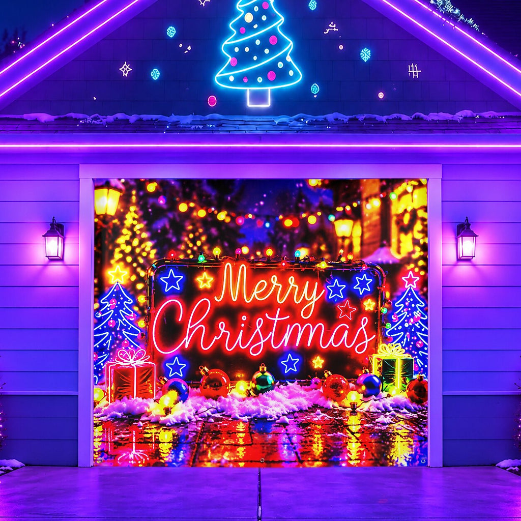 Blacklight Christmas Garage Door Cover - Neon Merry Christmas Tree Design