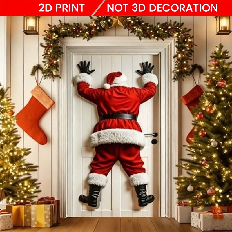 Santa Claus Reindeer & Merry Christmas Lettering Christmas Door Cover