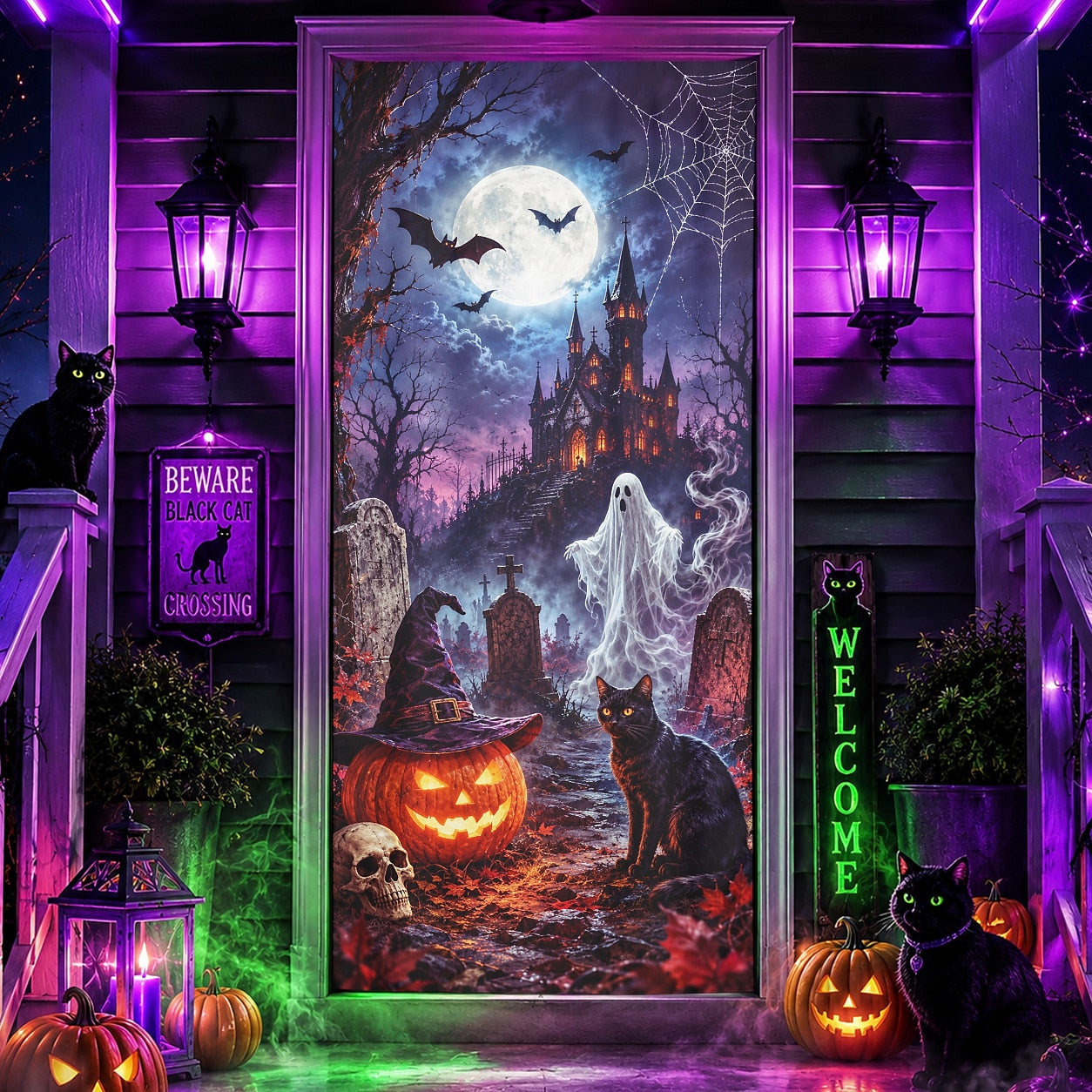Top Hat Skeleton Ghost Graveyard Neon Banner Halloween Door