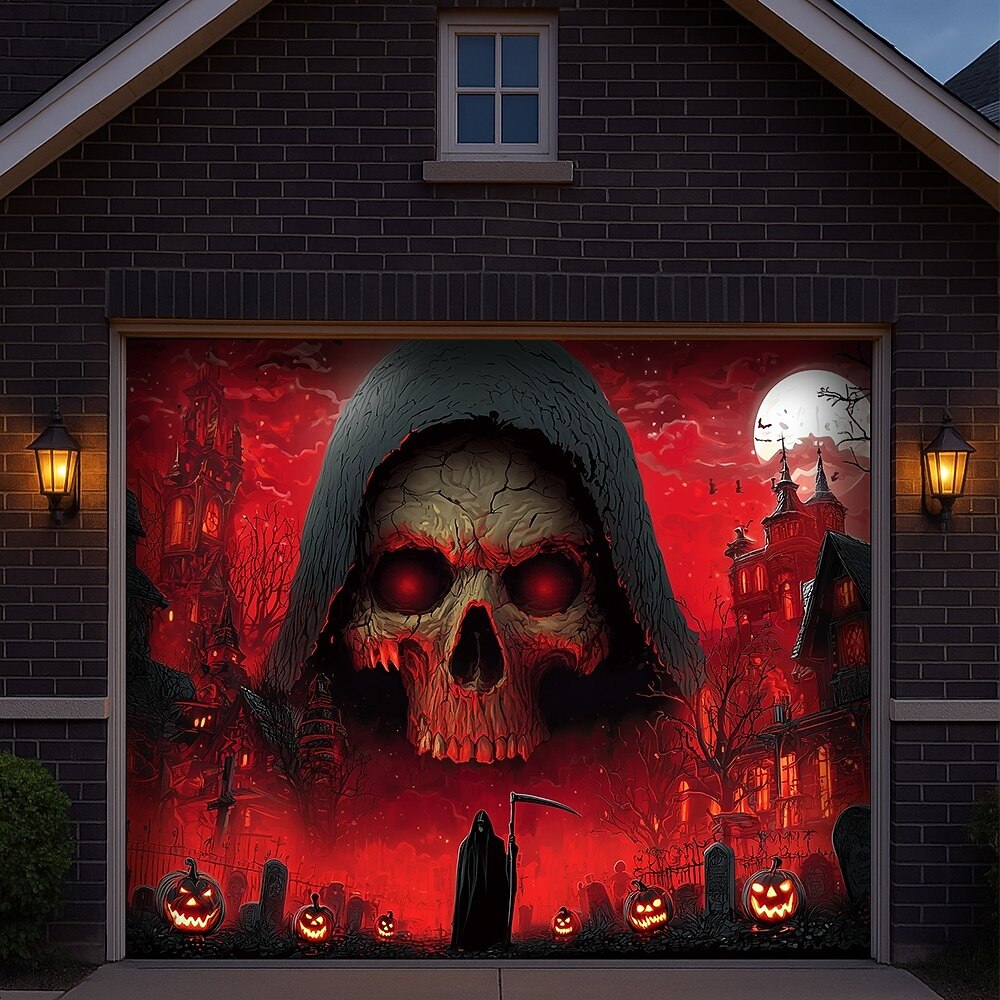 Flaming Skeleton Skull Pile Halloween Garage Door Cover