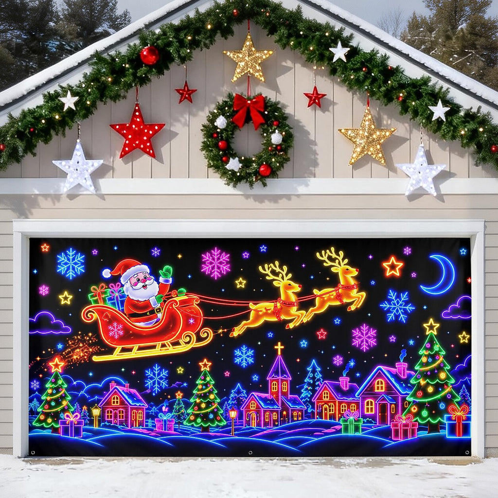 Blacklight Christmas Garage Cover UV Reactive Santa Sleigh & Reindeer Night Scene