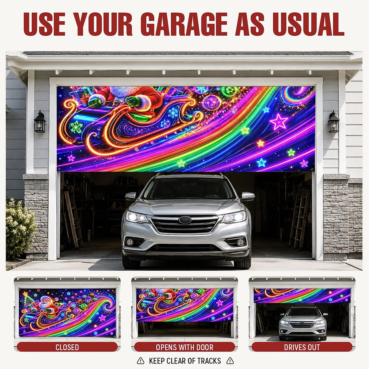 Blacklight Christmas Garage Cover UV Reactive Santa Claus & Sleigh