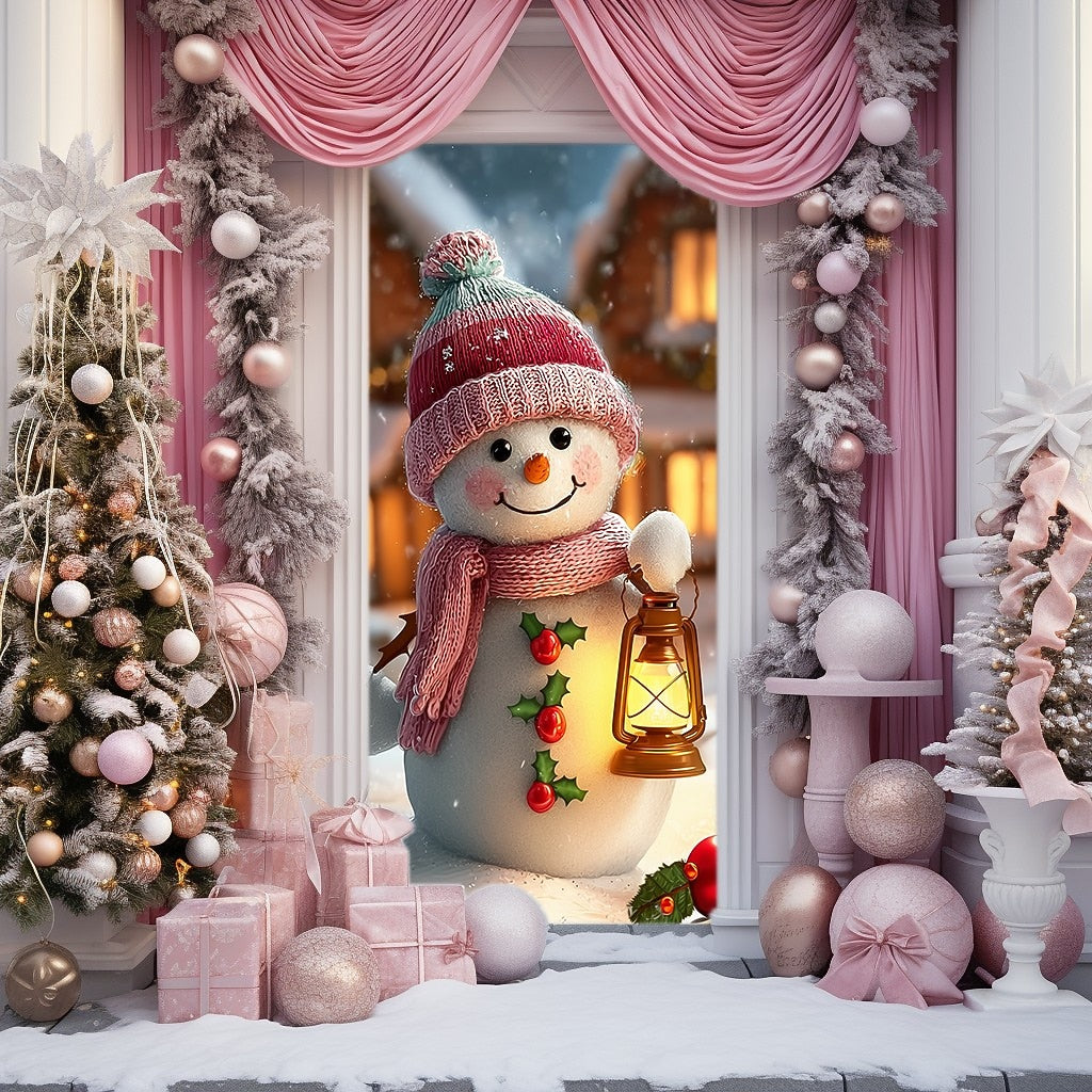 Cute Snowman in Winter Forest Christmas Door Cover