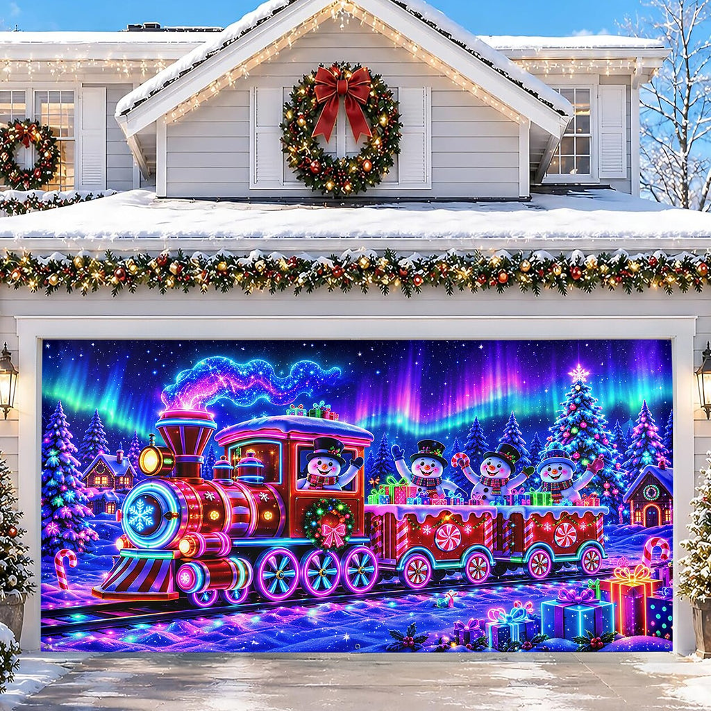 Blacklight Christmas Garage Cover UV Reactive Snowman & Christmas Train