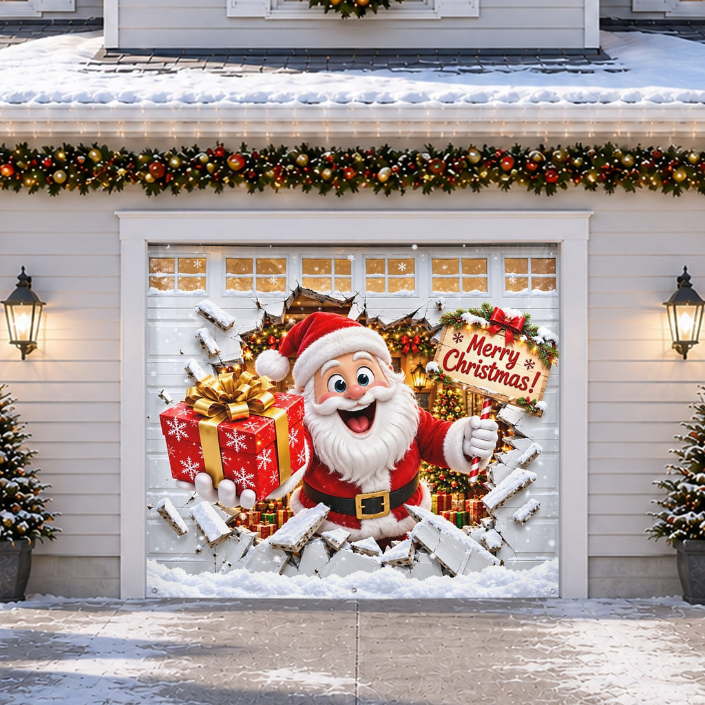 Christmas Garage Door Cover - Santa Breaking Through Gift 3D Design
