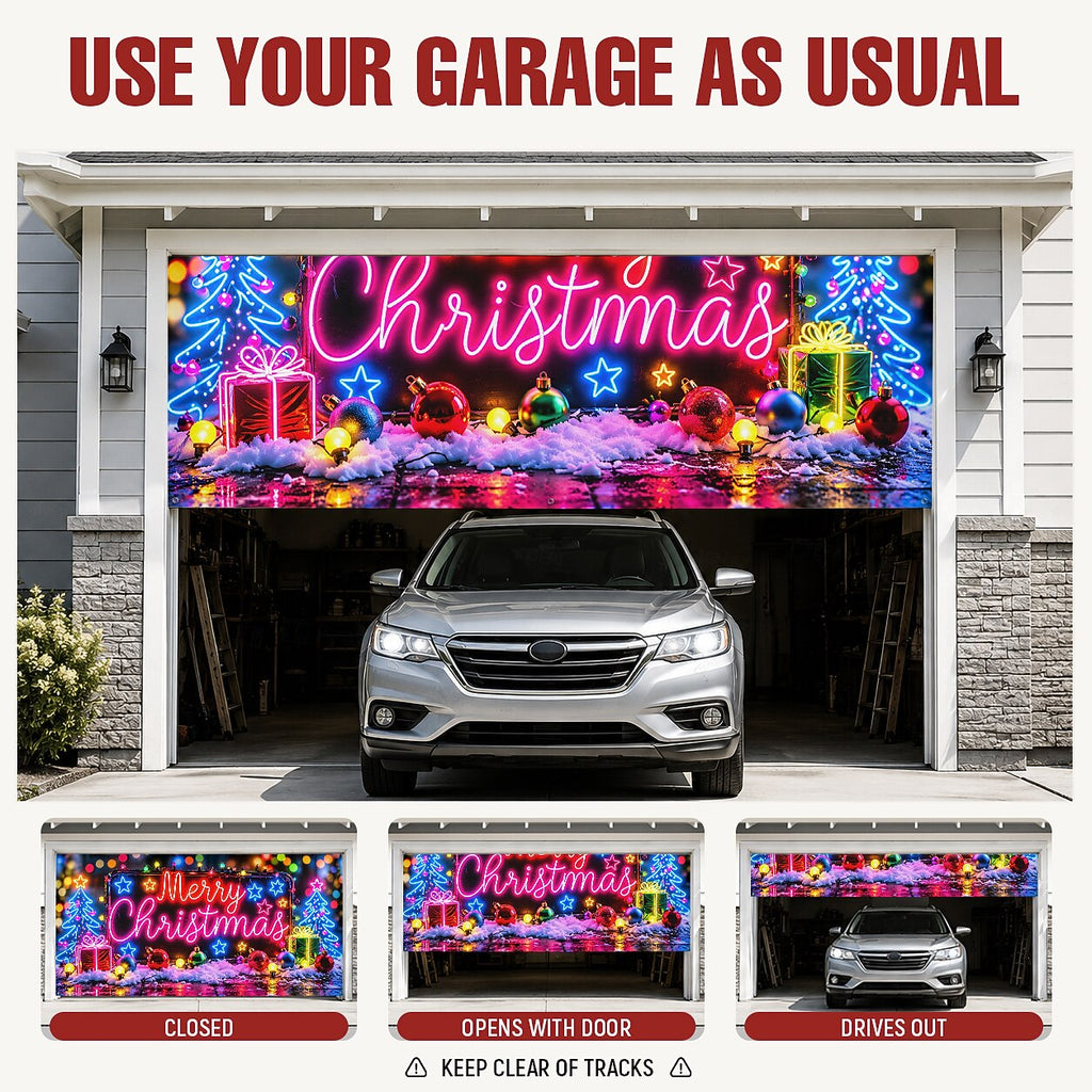 Blacklight Christmas Garage Door Cover - Neon Merry Christmas Tree Design
