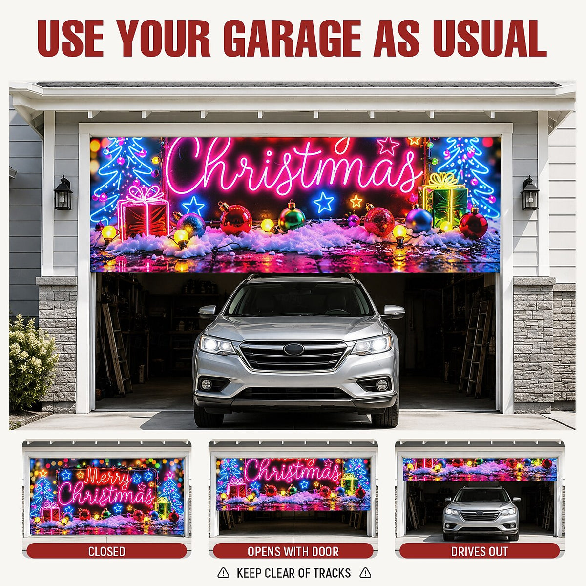 Blacklight Christmas Garage Door Cover - Neon Merry Christmas Tree Design