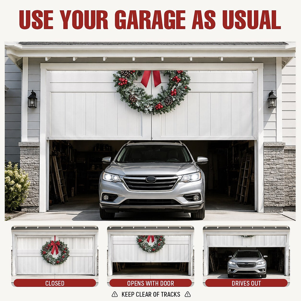 Christmas Garage Cover 3D Christmas Wreath & Holiday Lights