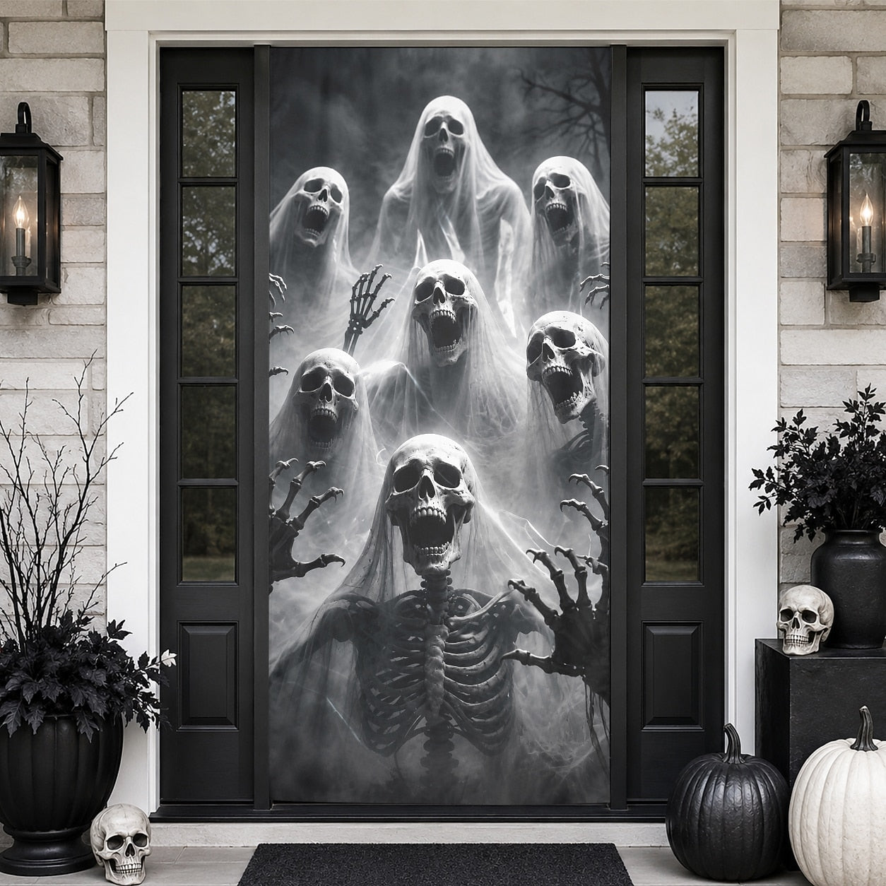 Stairway Jack O Lantern Banner Halloween Door Cover Ghost Skeleton