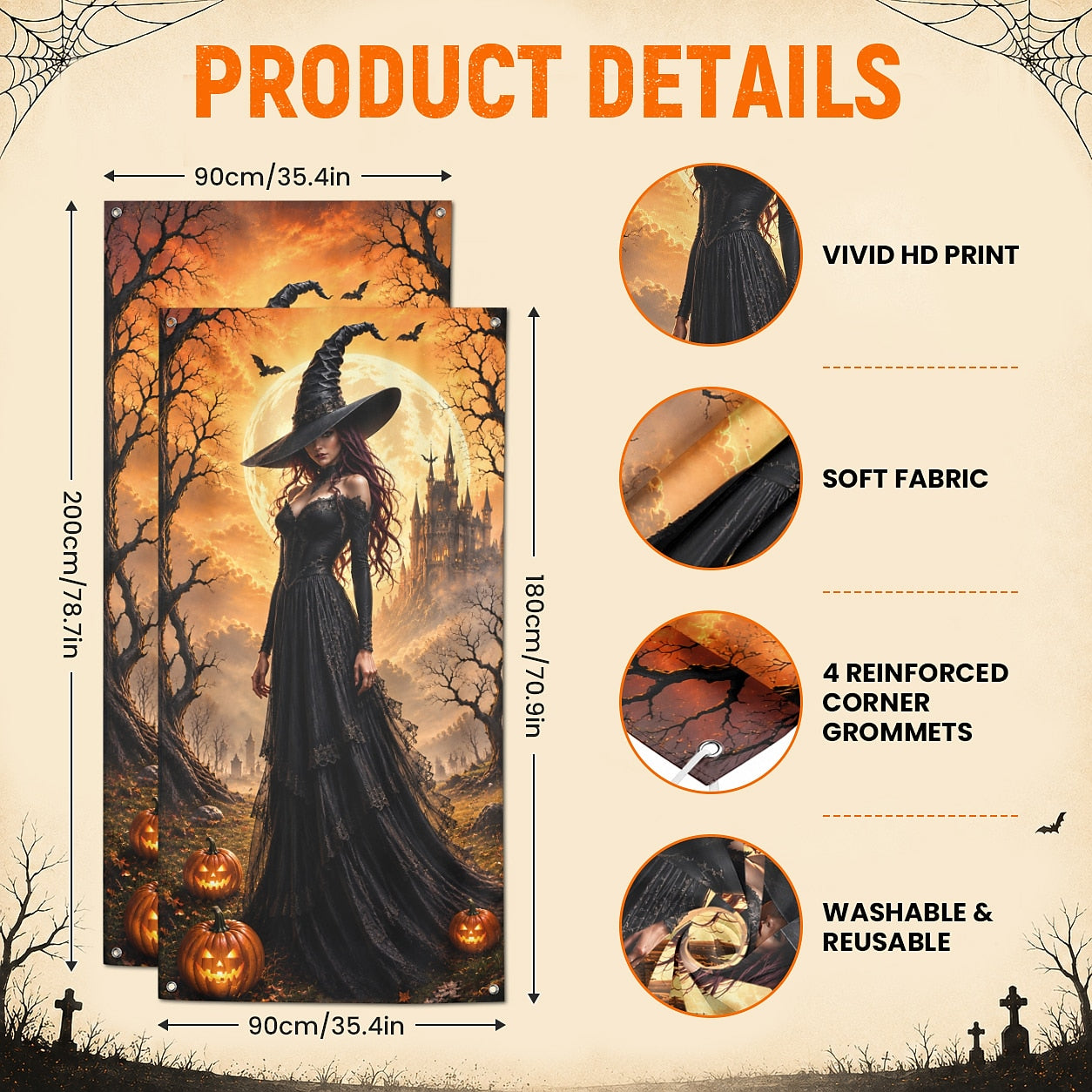 Gothic Witch Haunted Castle Pumpkin Banner Halloween Door Cover