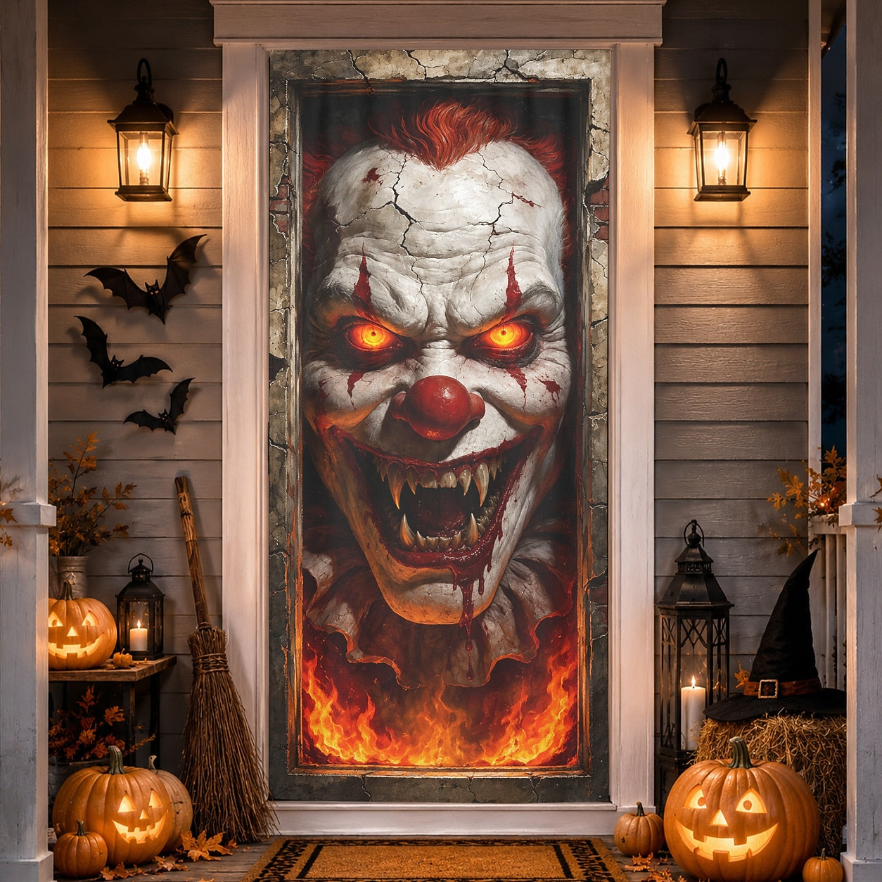 Glass Reaching Hand Banner Halloween Door Cover Evil Clown Horror Face