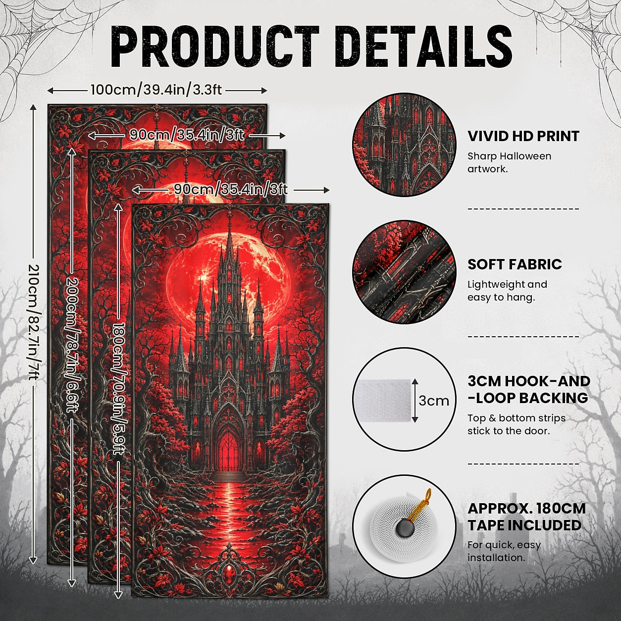 Castle Red Moon Haunted Mansion Banner Halloween Door Cover Creepy Witch