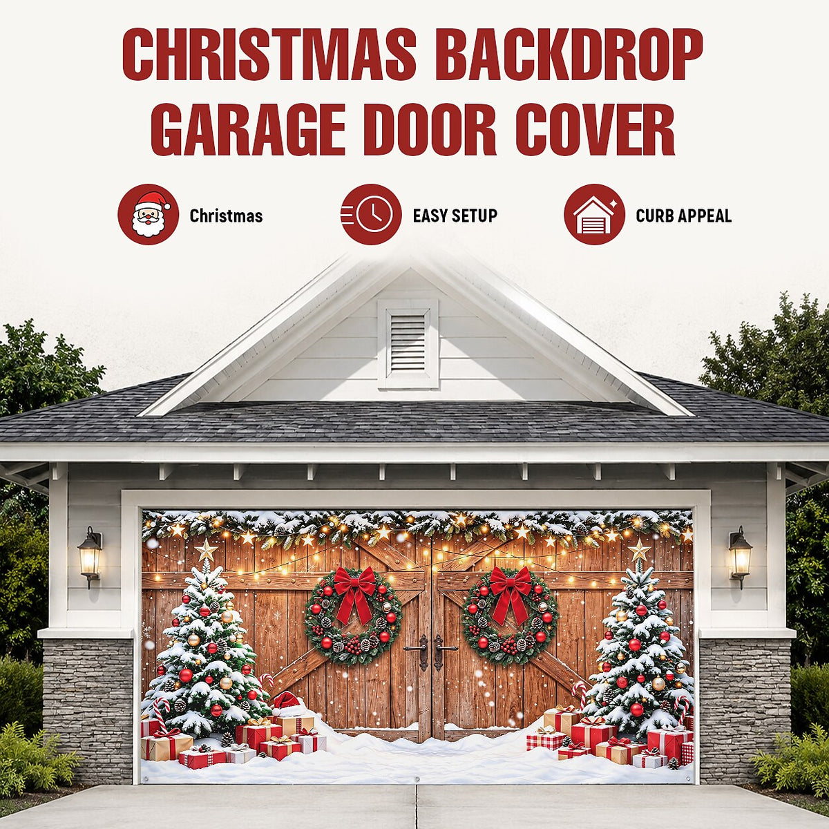 Christmas Garage Cover 3D Christmas Ornaments & Snow