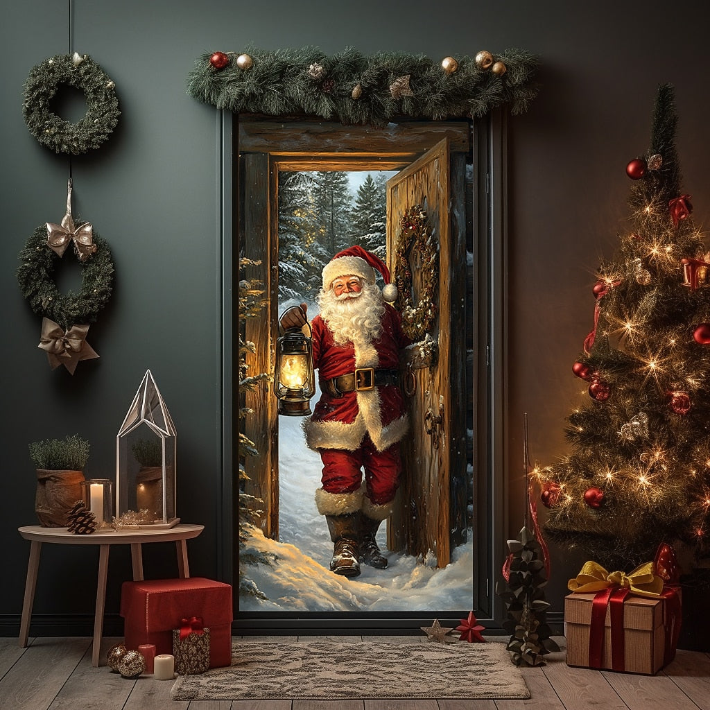 Santa Breaking Through Wall Christmas Door Cover
