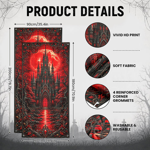 Castle Red Moon Haunted Mansion Banner Halloween Door Cover Creepy Witch