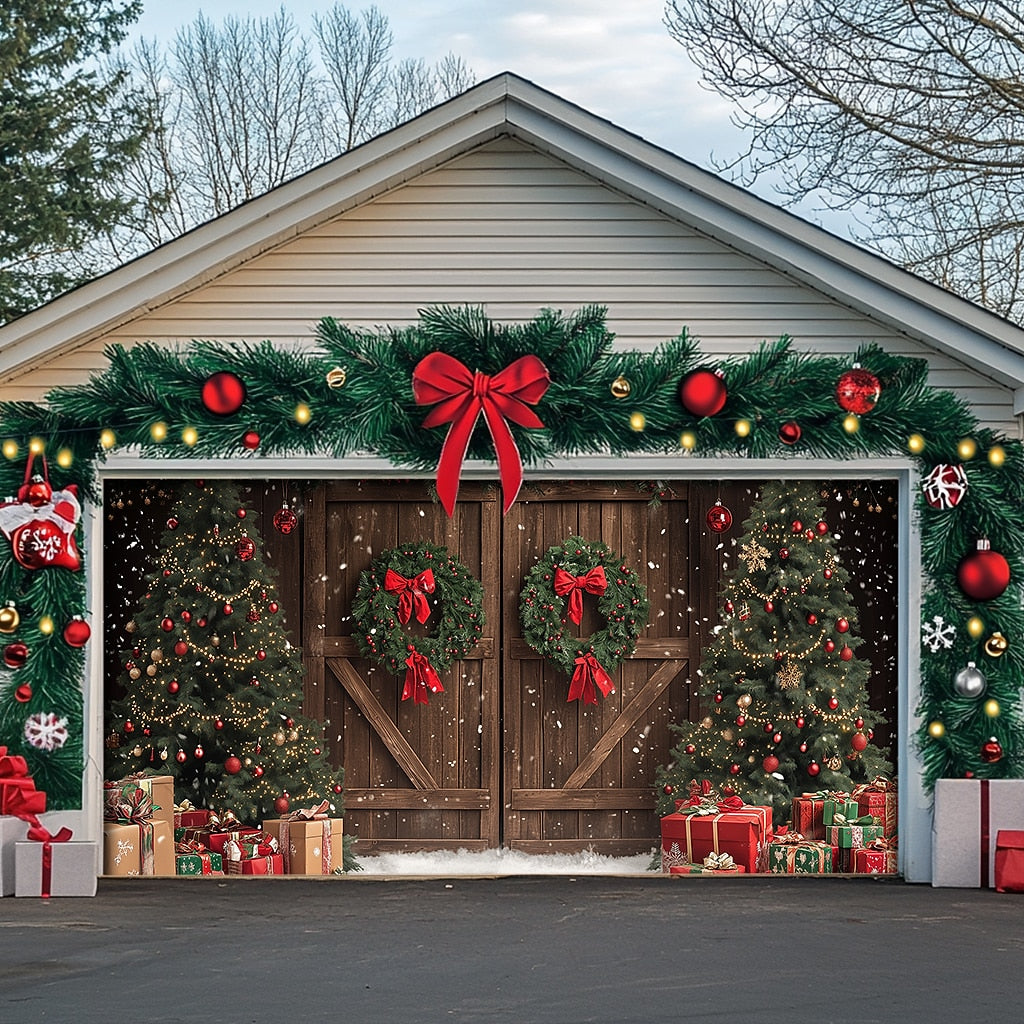 Farmhouse Christmas Scene Garage Door Cover
