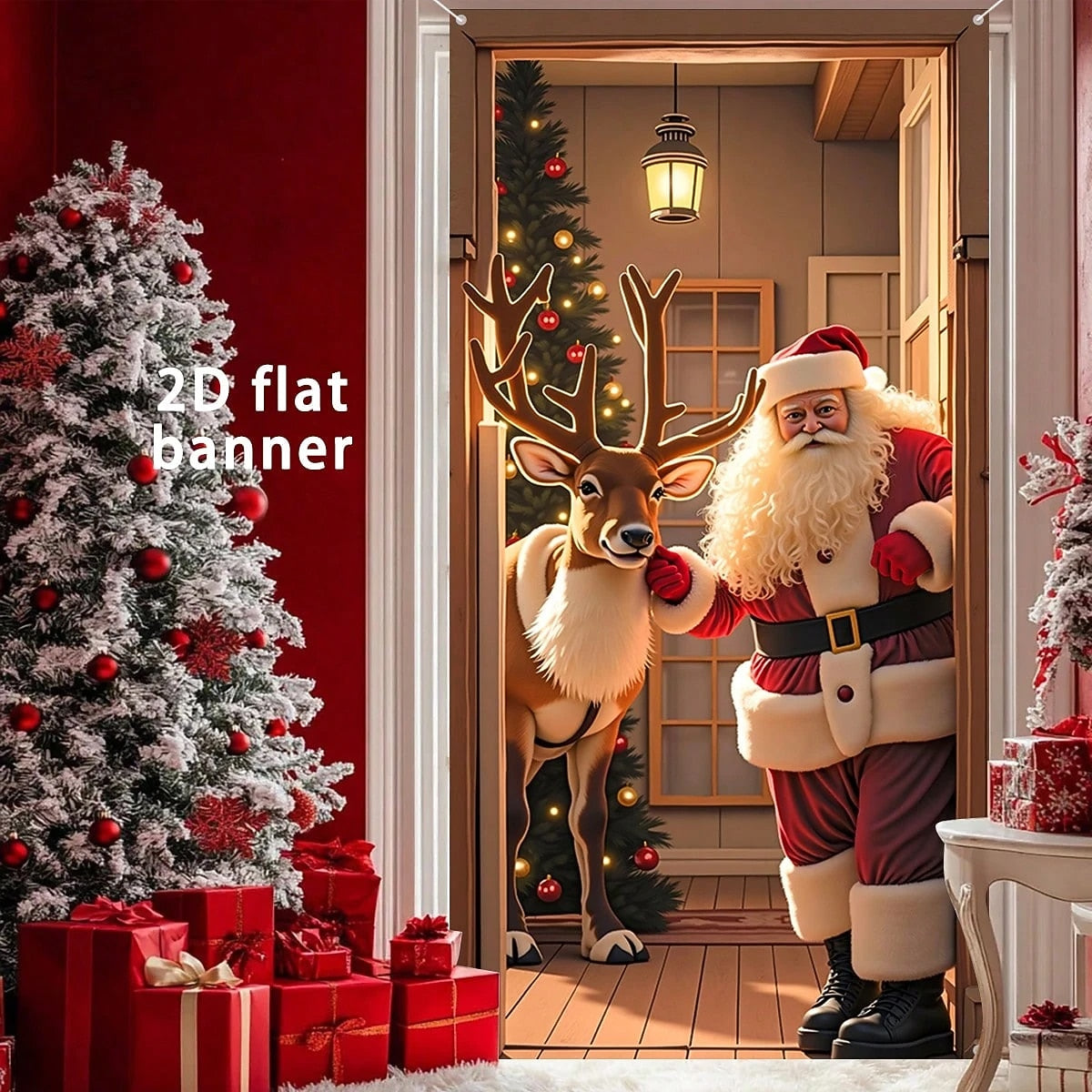 Santa Claus Reindeer & Christmas Tree Christmas Door Cover