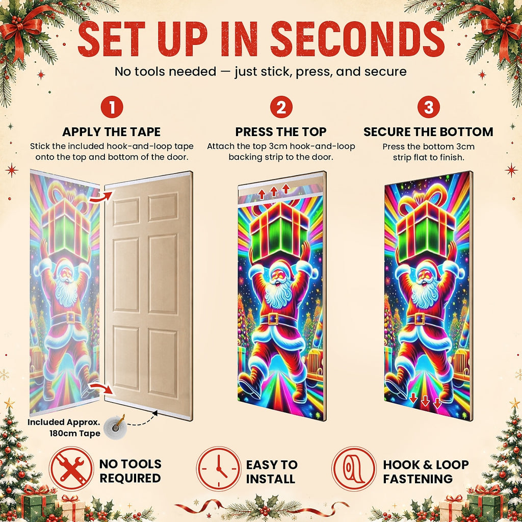 Blacklight Glowing Santa Claus & Christmas Tree Christmas Door Cover