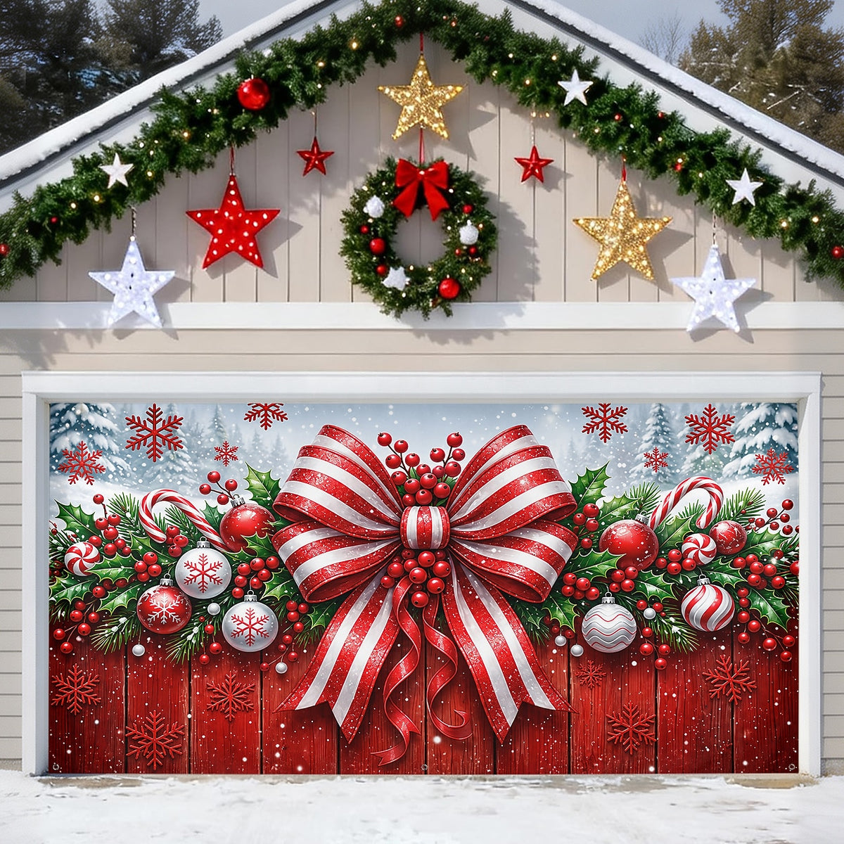 Red Bow & Ornaments Garage Door Cover