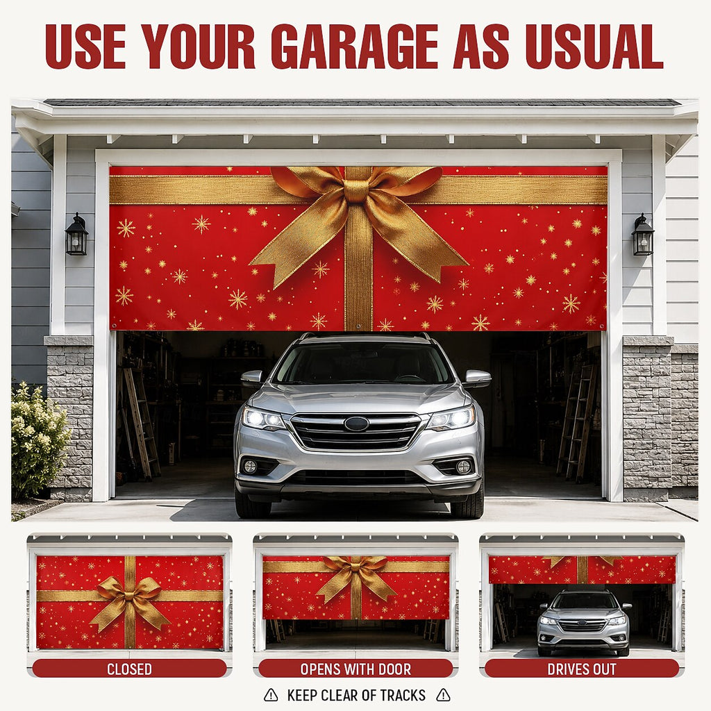 Christmas Garage Cover 3D Red Gift Box & Bow