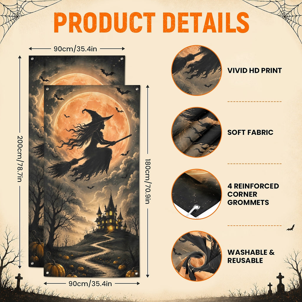 Flying Witch Full Moon Haunted House Banner Halloween Door Cover