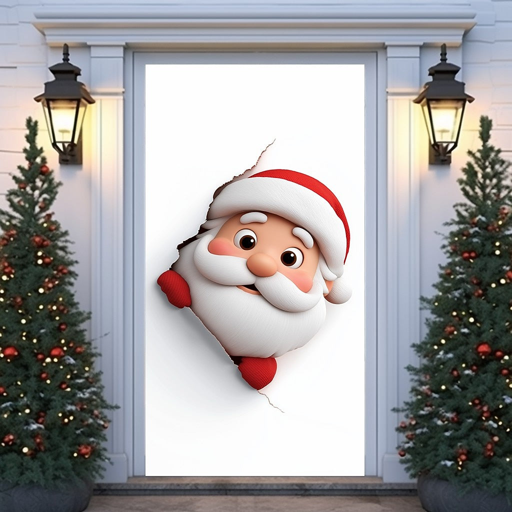 Santa Breaking Through Wall Christmas Door Cover
