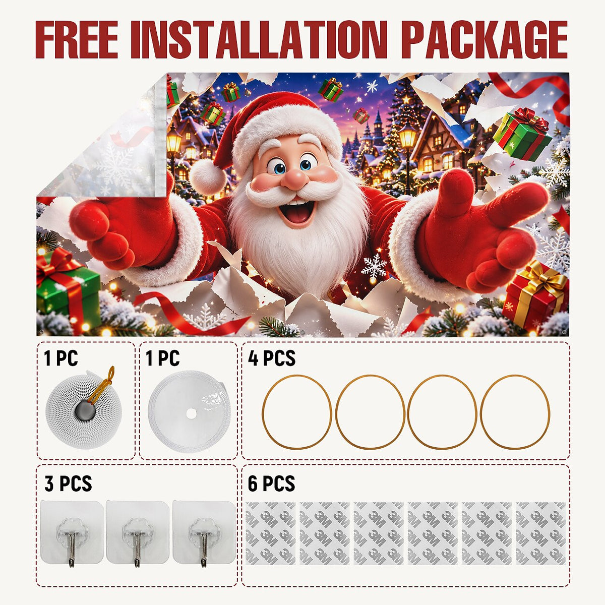 3D Christmas Garage Door Cover - Santa Breaking Wall