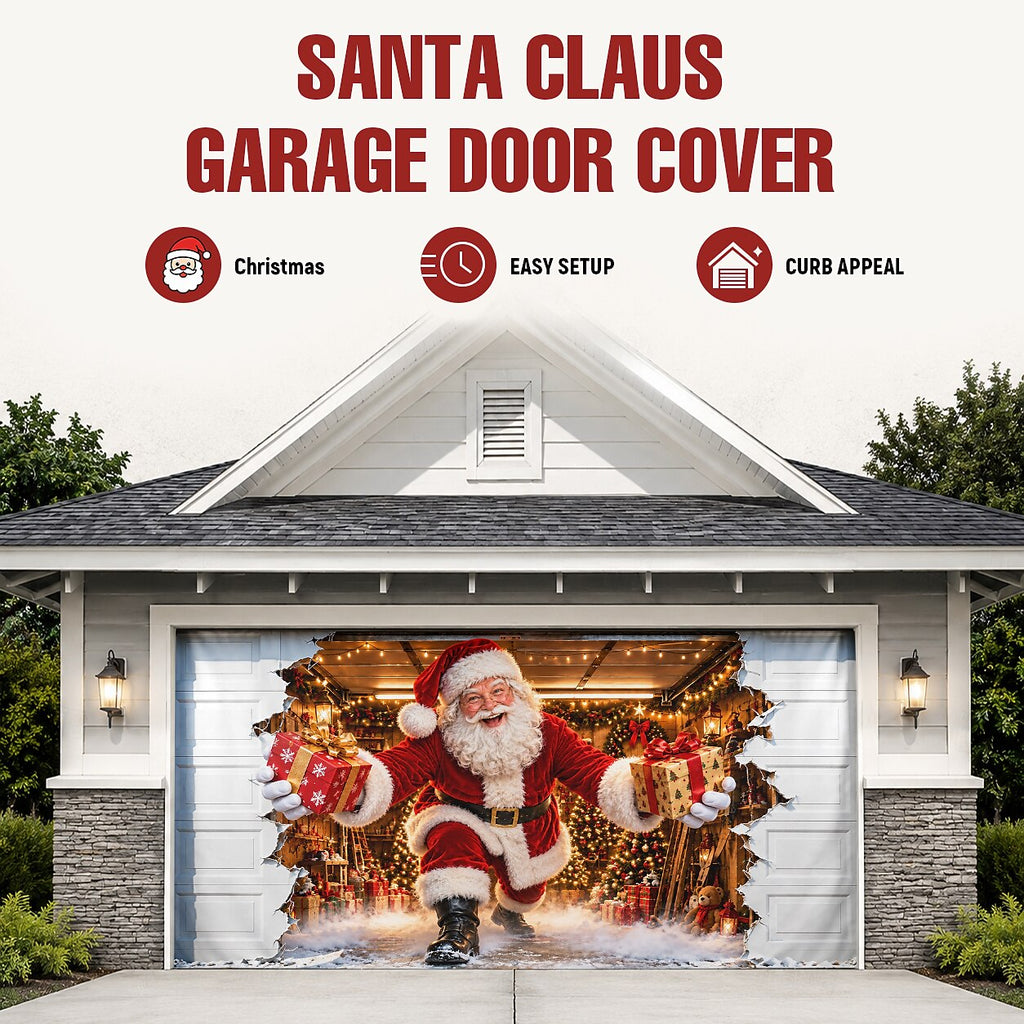 Christmas Garage Door Cover, Santa Claus Breaking Through Garage Wall Design, 3D Optical Illusion Garage Door Banner for Christmas Party Decor
