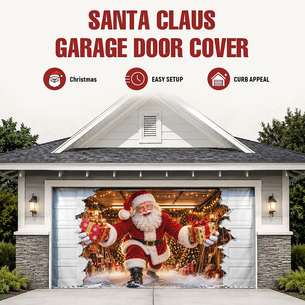 Christmas Garage Door Cover, Santa Claus Breaking Through Garage Wall Design, 3D Optical Illusion Garage Door Banner for Christmas Party Decor