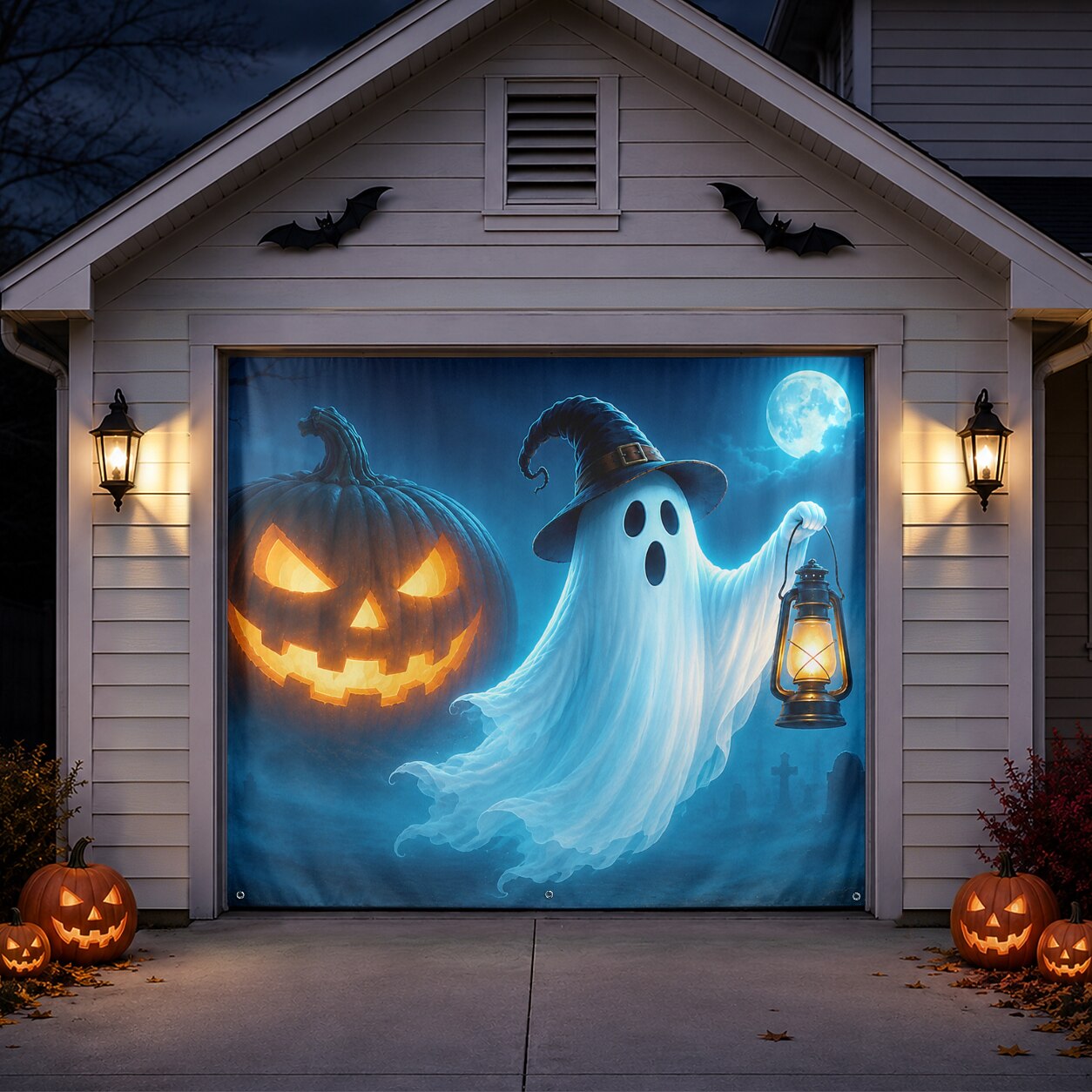 Ghost with Witch Hat & Jack-O'-Lantern Pumpkin | Halloween Garage Door Banner Cover