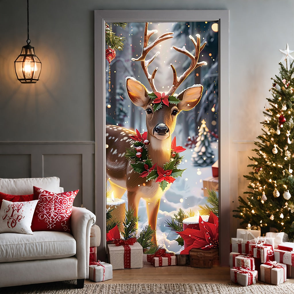 Festive Deer Christmas Door Cover