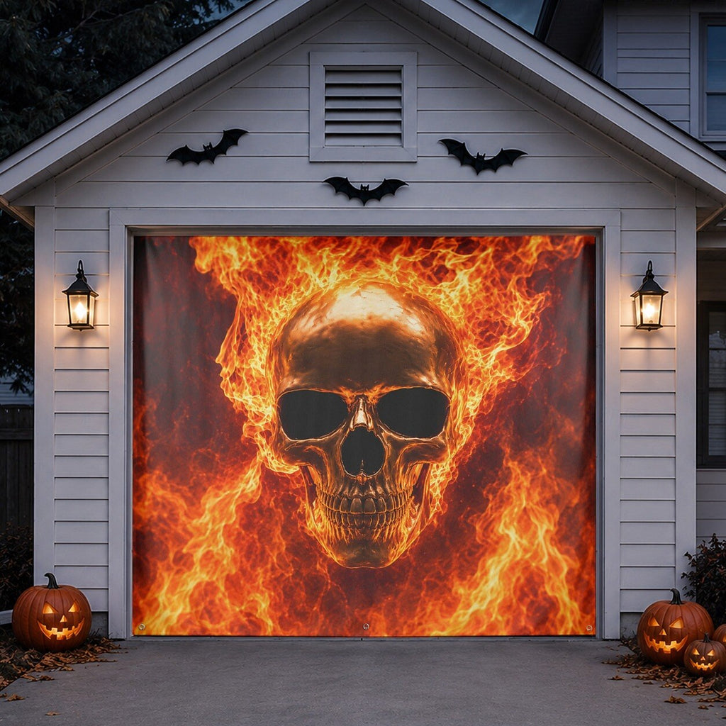 Flaming Skeleton Skull Pile Halloween Garage Door Cover