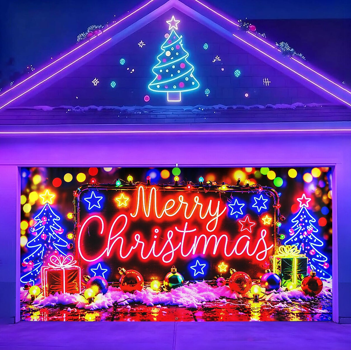 Blacklight Christmas Garage Door Cover - Neon Merry Christmas Tree Design