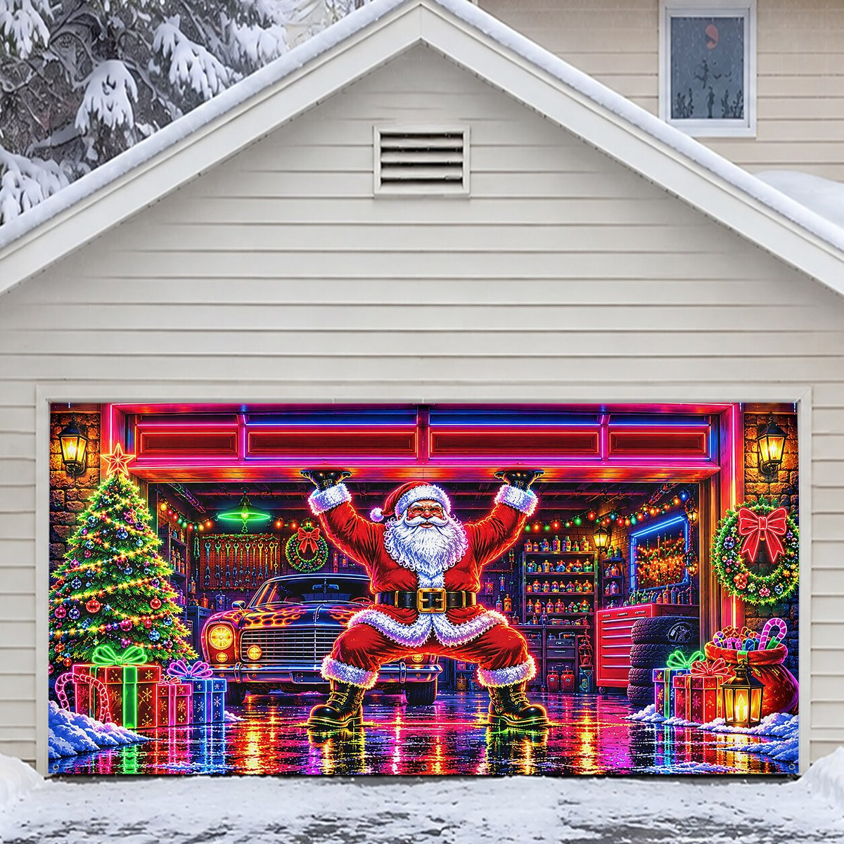 Blacklight Christmas Garage Cover UV Reactive Santa Gift Workshop