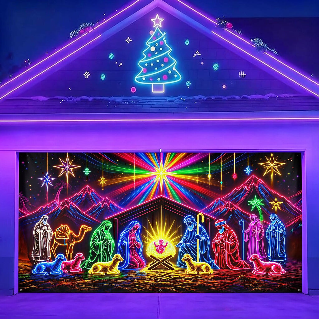 Blacklight Christmas Garage Cover UV Reactive Nativity Scene